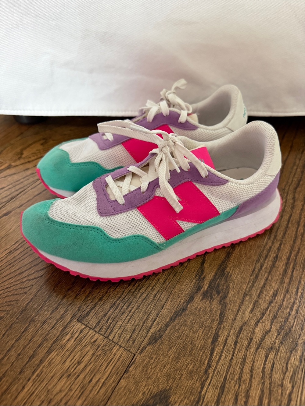 New Balance Kids Sneaker in White, Teal, Purple & Hot Pink